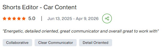 Shorts Editor - Car Content Upwork review screenshot