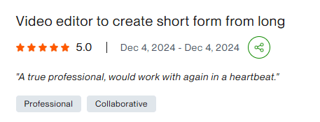 Video editor to create short form from long Upwork review screenshot
